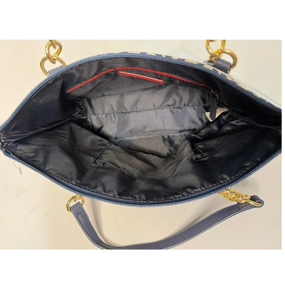 Tommy Hilfiger Navy White Geometric Logo Jacquard Tote Bag Gold Chain Straps